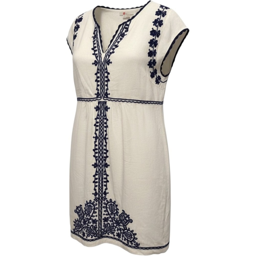 Boden Shift Dress Sz 16 Ivory Navy Blue Embroidered Linen V-Neck Boho Vacation